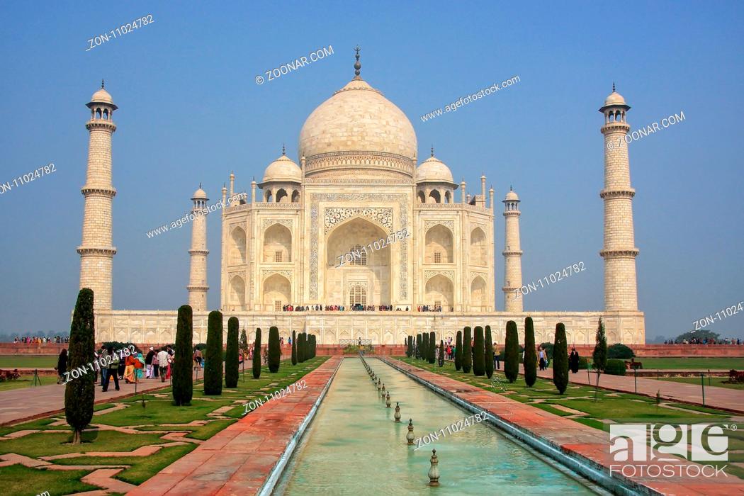 Stock Photo: Taj Mahal with reflecting pool in Agra, Uttar Pradesh, India. It was build in 1632 by Emperor Shah Jahan as a memorial for his second wife Mumtaz Mahal.