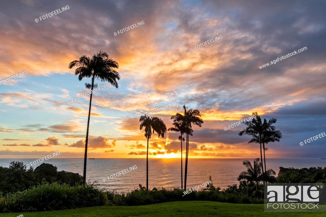 Stock Photo: USA, Hawaii, Big Island, Onomea Bay at sunset.
