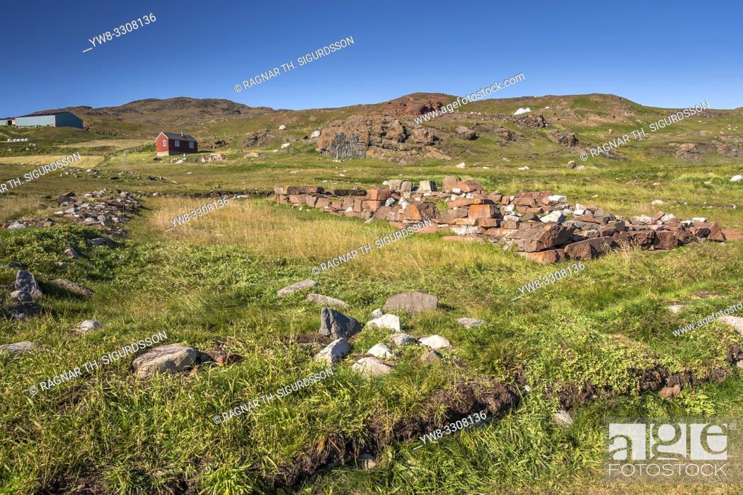 Stock Photo: Stone ruins by Thjodhildur Church, Qassiarsuk or Brattahlid, South Greenland. .