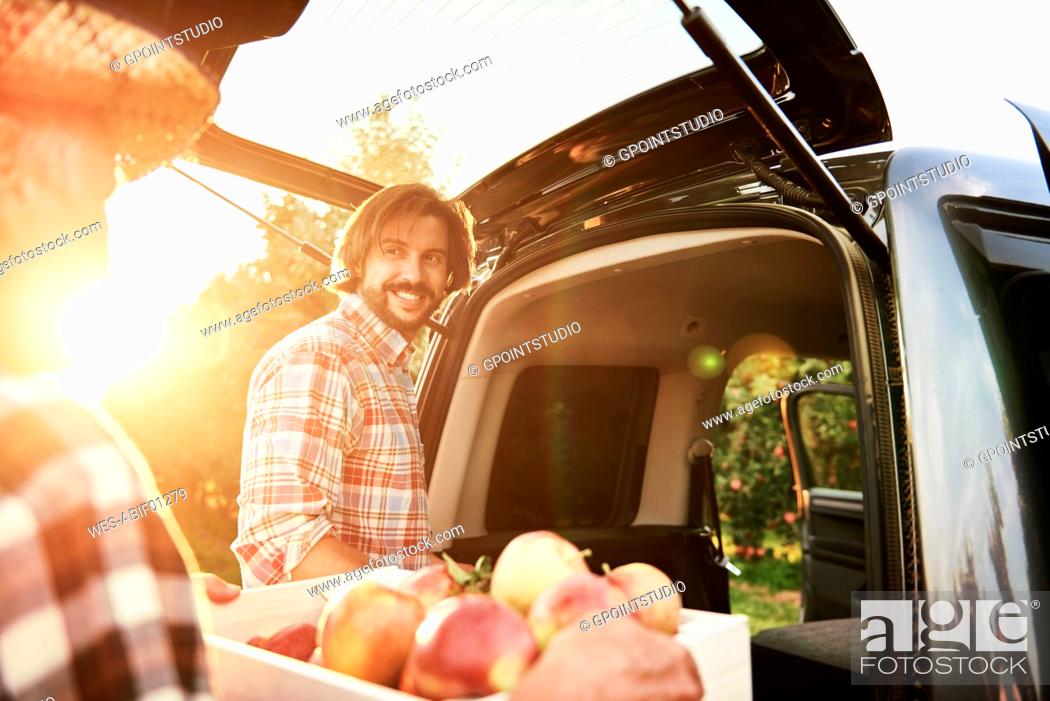 Stock Photo: Fruit grower loading car with apple crates.