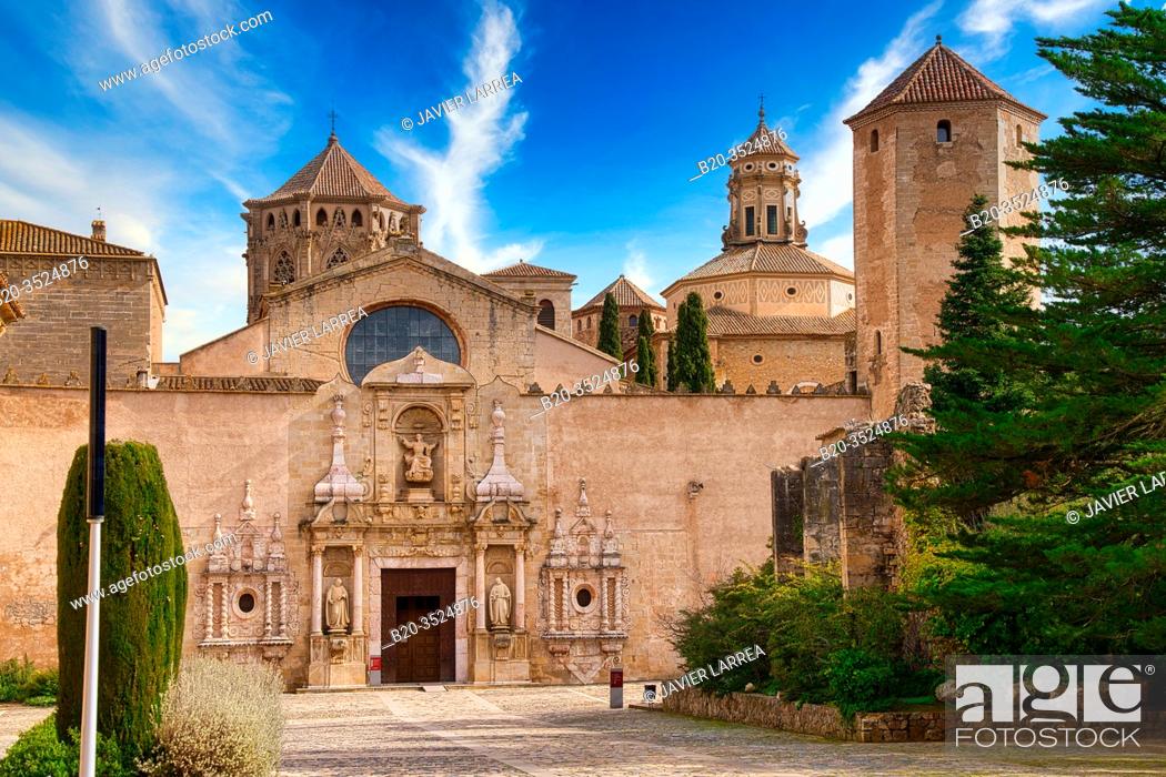Stock Photo: Church facade, Monastery of Santa Maria de Poblet, Tarragona province, Catalonia, Spain, Europe.