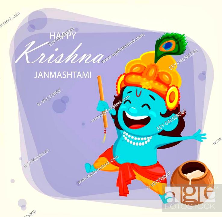 Happy Krishna Janmashtami greeting card. Funny cartoon character Lord  Krishna Indian God jumping..., Stock Vector, Vector And Low Budget Royalty  Free Image. Pic. ESY-046588341 | agefotostock