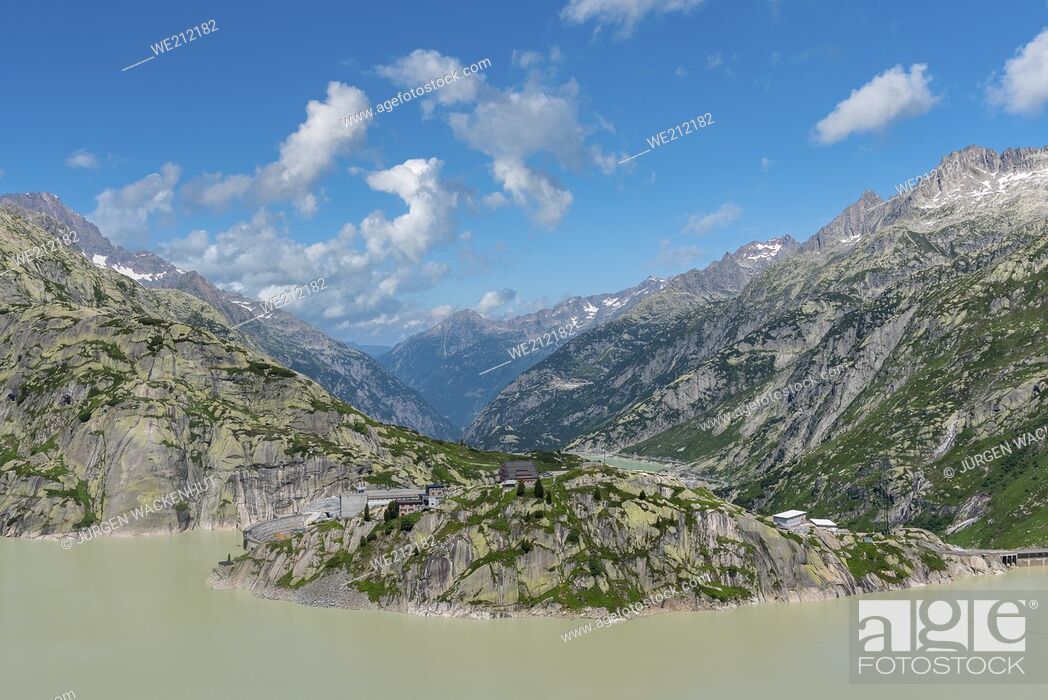 Stock Photo: View from the Grimsel Pass road to lake Grimselsee, Guttannen, Valais, Switzerland, Europe.