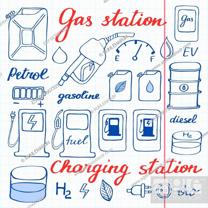 Gas station set. Hand-drawn cartoon collection of petrol icons - fuel, can,  road sign, pump, Stock Vector, Vector And Low Budget Royalty Free Image.  Pic. ESY-027007329 | agefotostock