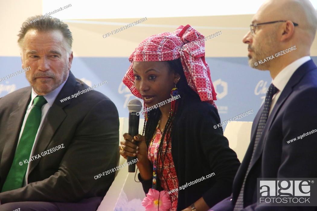 Stock Photo: A dialogue by Michal Kurtyka COP President (right) with Arnold Schwarzenegger Governor (left) and Ms. Hindou Oumarou Ibrahim member of the Climate Action.