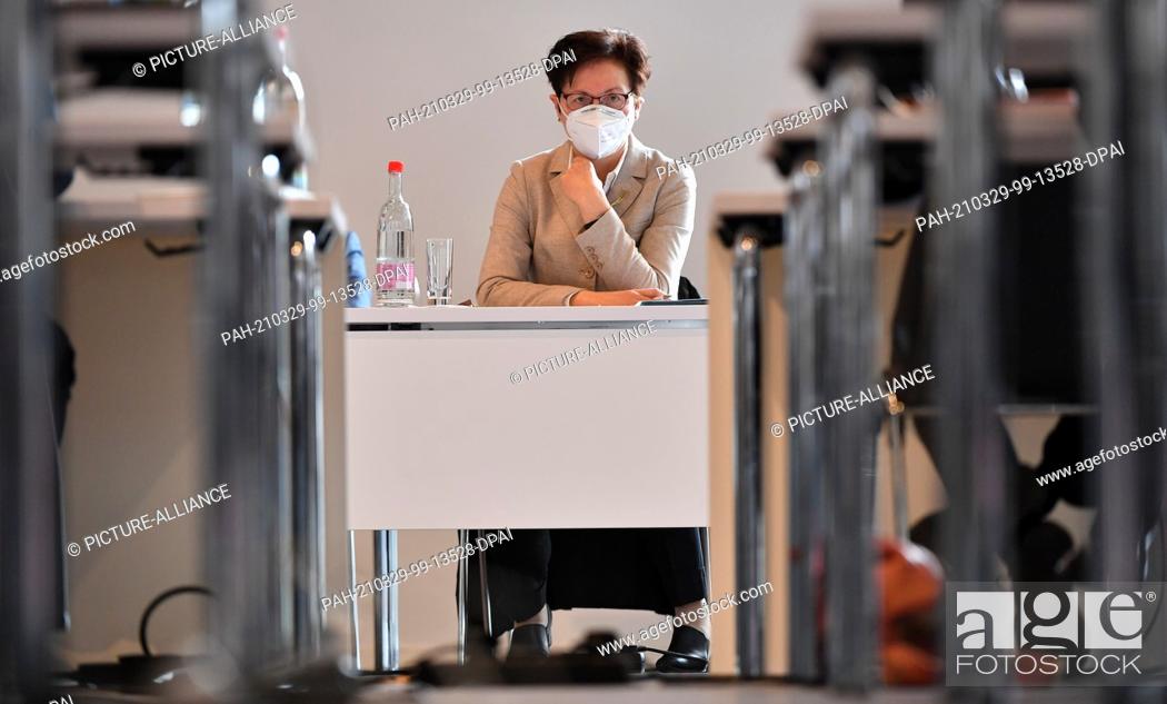 Stock Photo: 29 March 2021, Thuringia, Erfurt: Heike Taubert (SPD), Minister of Finance of Thuringia, follows the debate at the special plenary session of the Thuringian.