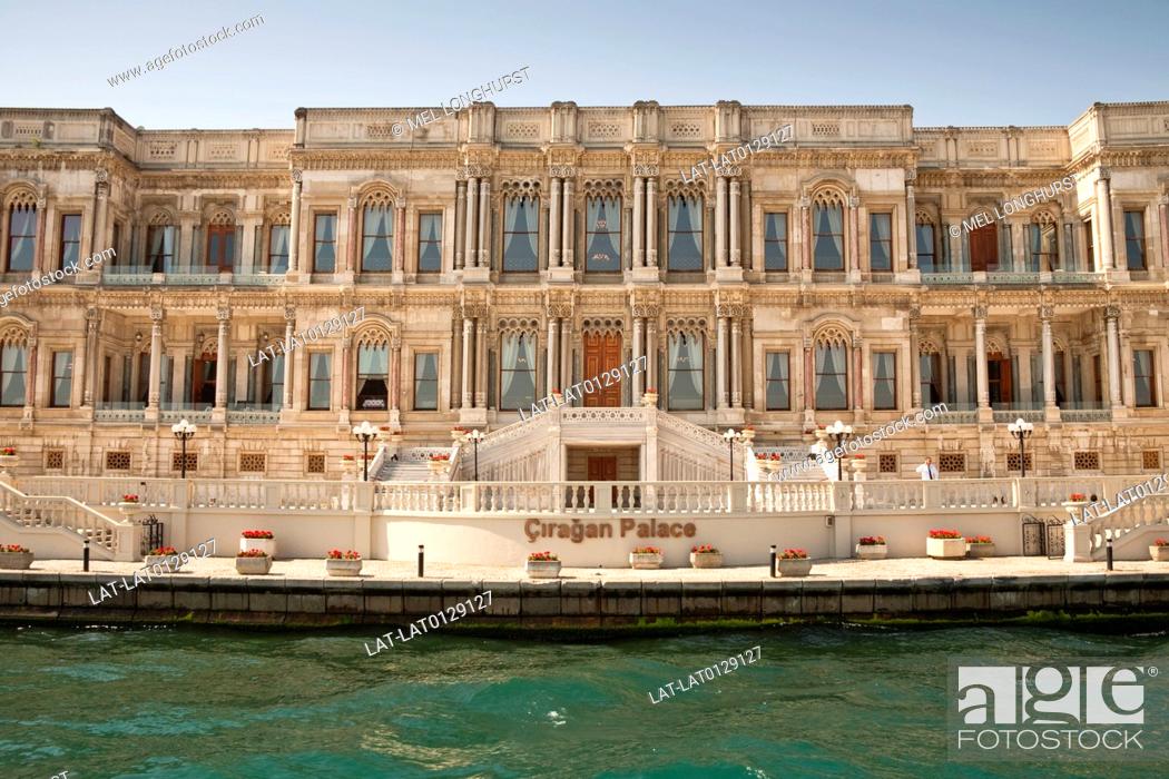 Stock Photo: The Ciragan Palace is a 19th century Ottoman style palace and is now now a Kempinski Hotel, beside the Bosphorus sea.