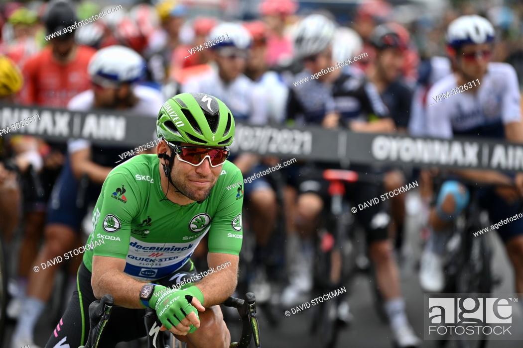 Stock Photo: British Mark Cavendish of Deceuninck - Quick-Step wearing the green jersey of leader in the sprint ranking pictured at the start of stage 8 of the 108th edition.