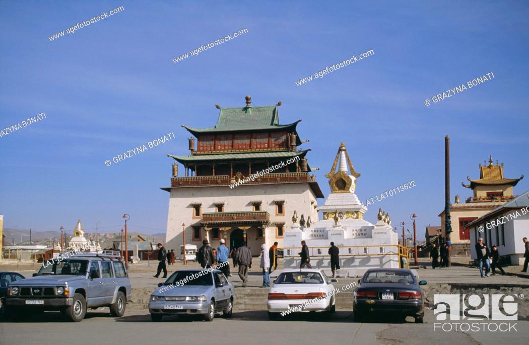 Stock Photo: The Gandantegchinlen Khiid Monastery and temple, commonly known as Gandan Monastery, is a Tibetan-style monastery. The Tibetan name translates to the Great.