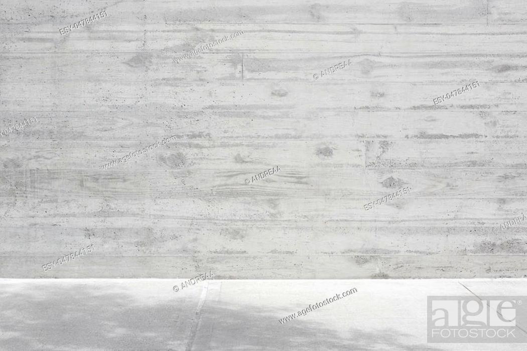 Stock Photo: Gray concrete rough wall with wooden veining and empty floor background.