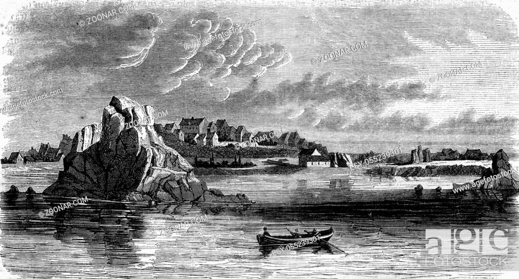 Stock Photo: View of the island of Brehat, Port Clos outlet, vintage engraved illustration. Magasin Pittoresque 1845.