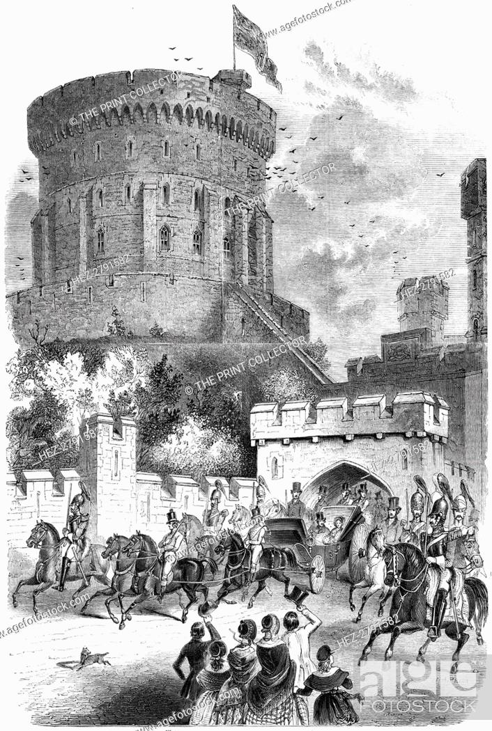 Stock Photo: Windsor Castle in 1844 - Queen Victoria and Prince Albert leaving the Castle for London. Creator: Unknown.
