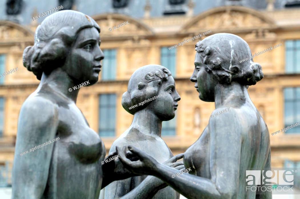 Stock Photo: Paris - Bronze sculpture The Three Nymphs by Aristide Maillol in Tuileries garden.