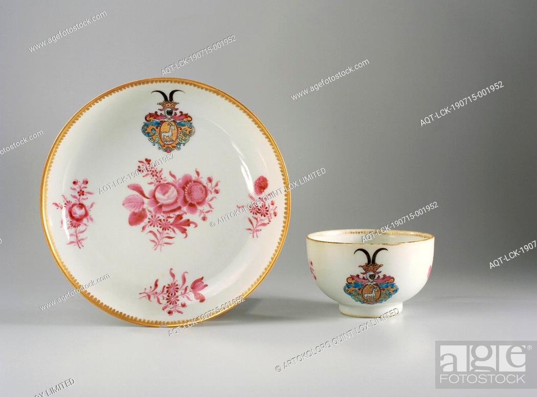 Stock Photo: Saucer with flower bouquets and a coat of arms, Porcelain dish, painted on the glaze in blue, red, pink, green, black and gold.