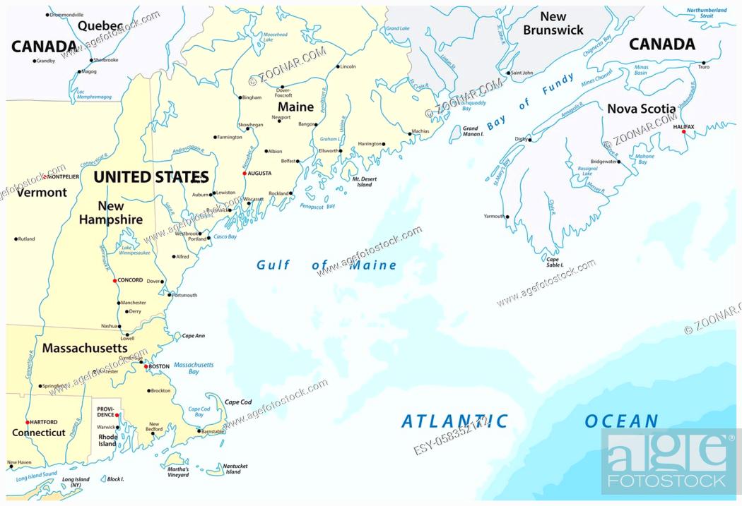 Stock Photo: vector map of the North American marginal sea, Gulf of Maine, Canada, United States.