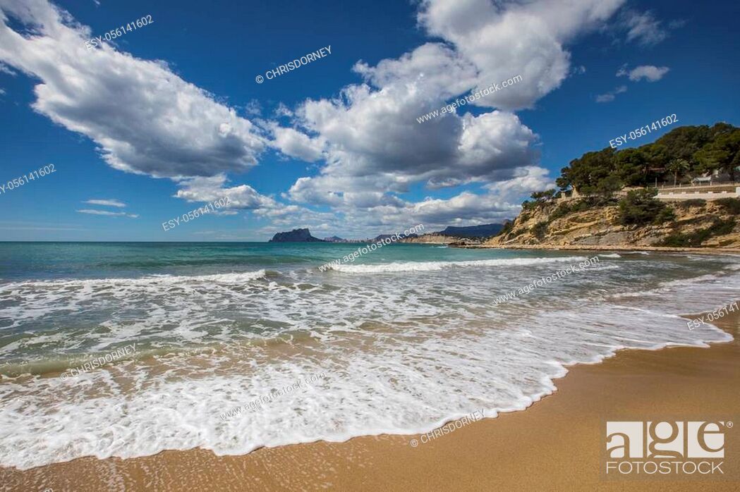 Stock Photo: The view from El Portet Beach, also known as Playa del Portet or Cala El Portet in Moraira, the Costa Blanca region of Spain.