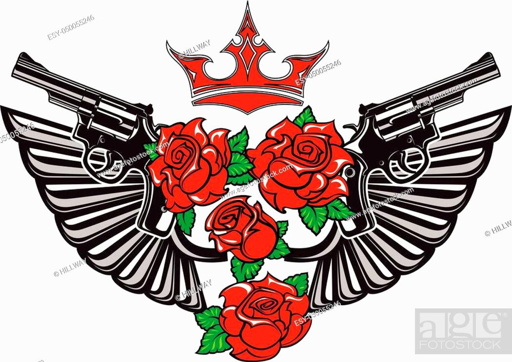 Vector illustration of two guns, steel wings, red roses and crown in tattoo  drawing style isolated..., Stock Vector, Vector And Low Budget Royalty Free  Image. Pic. ESY-050055246 | agefotostock