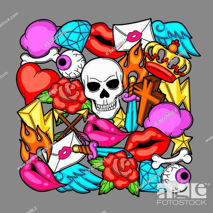 Print with retro tattoo symbols. Cartoon old school illustration, Stock  Vector, Vector And Low Budget Royalty Free Image. Pic. ESY-033344086 |  agefotostock