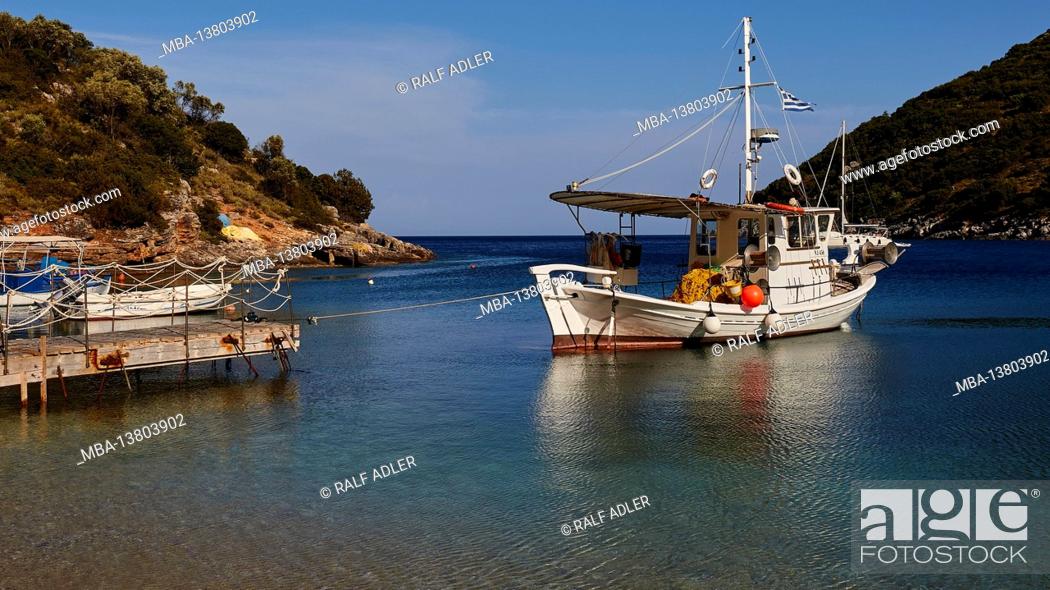Stock Photo: Ionian Islands, Ithaka, island of Odysseus, near Vathi, Sarakiniko Beach, boats, sailing boats, water blue, green and turquoise, dream bay, blue sky.