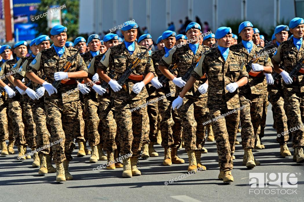 Stock Photo: Parade of a Blue Helmets UN battalion, Ulaanbaatar, Mongolia.