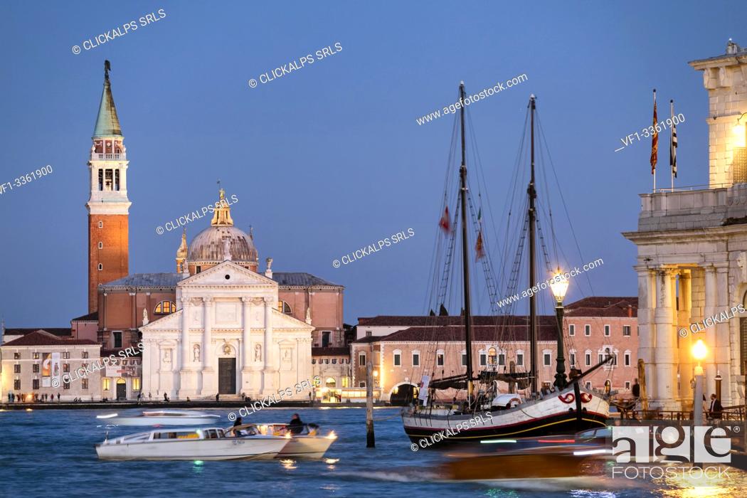 Stock Photo: Punta della Dogana with San Giorgio Maggiore island in the background, Venice, Veneto, Italy, Europe.