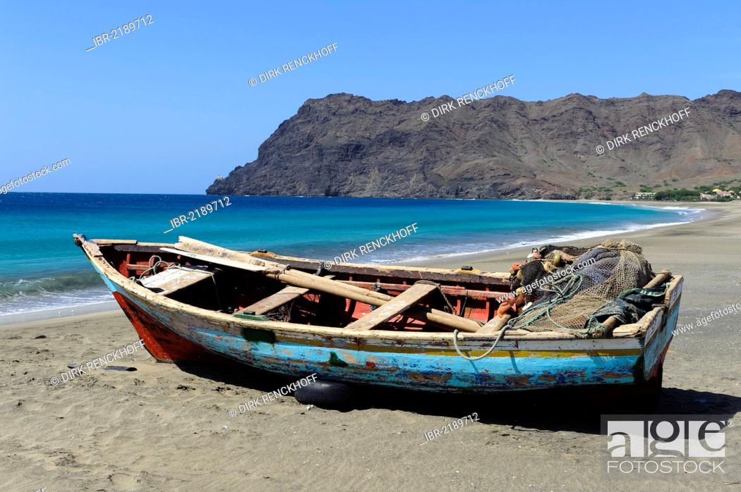 Stock Photo: Boat on the beach of Sao Pedro, Sao Vicente, Cape Verde, Africa.