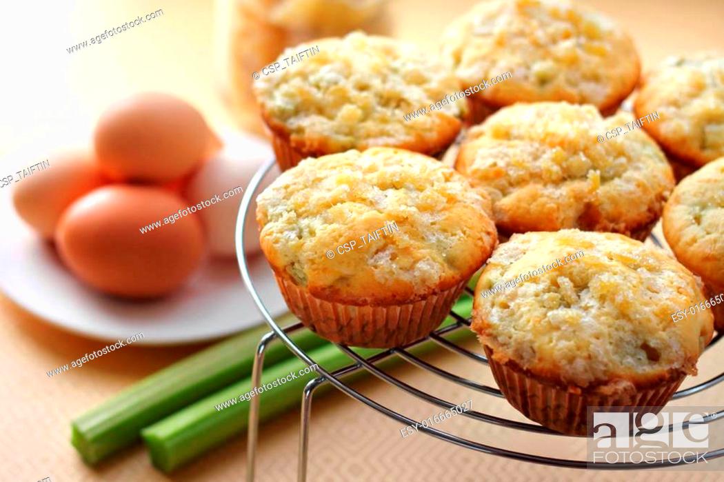 Stock Photo: Rhubarb and ginger muffins.
