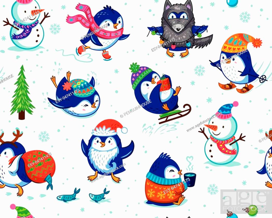 Cute Christmas seamless pattern with skating penguins, snowmans and  snowflakes, Stock Vector, Vector And Low Budget Royalty Free Image. Pic.  ESY-047411473 | agefotostock