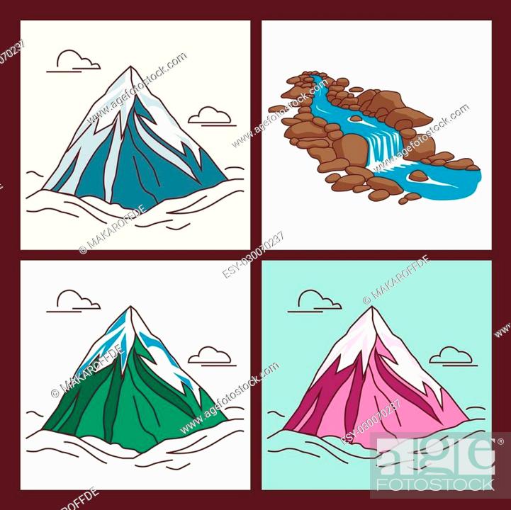 Collection of mountains with snowy peaks in outlined cartoon style, Stock  Vector, Vector And Low Budget Royalty Free Image. Pic. ESY-030070237 |  agefotostock