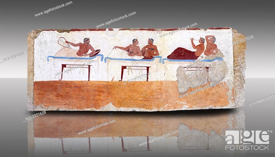 Stock Photo: Greek Fresco on the inside of Tomb of the Diver [La Tomba del Truffatore] from the Greek city of Poseidonia which became Roman Paestum.