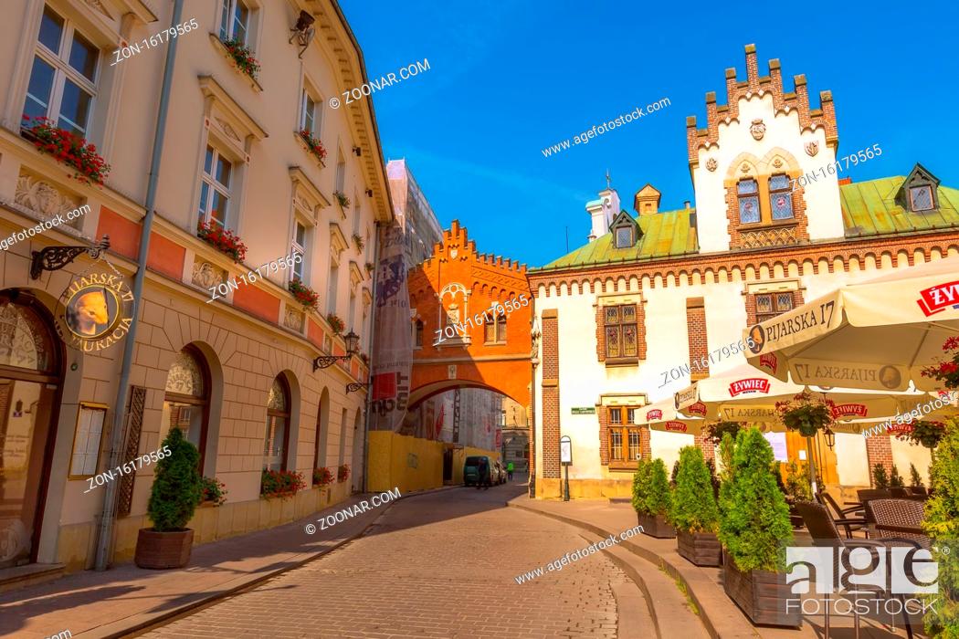 Stock Photo: Krakow, Poland - June 18, 2019: Cityscape with Church of the Transfiguration of the Lord Pijarska in old town.