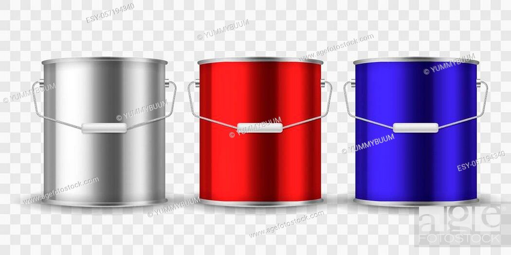 Vecteur de stock: Paint steel can. Silver bucket metal cans package paint aluminum container with handle for interior renovation realistic vector rounded mockup.