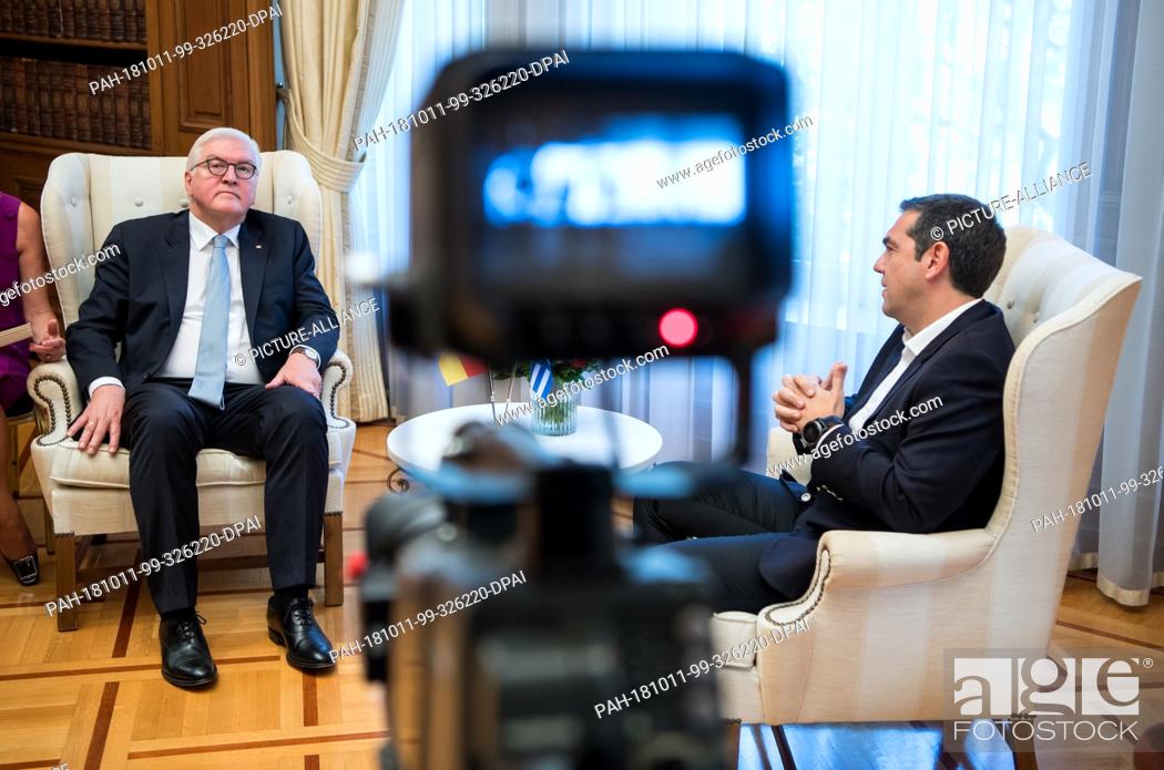 Stock Photo: 11 October 2018, Greece, Athens: Federal President Frank-Walter Steinmeier (l) and Alexis Tsipras, Prime Minister of Greece.