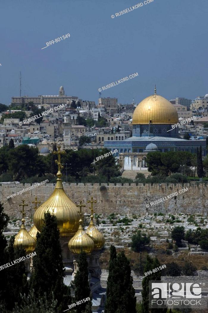 Stock Photo: Russian Orthodox Church Domes And Dome Of The Rock Temple Mount Old City Jerusalem. Israel.