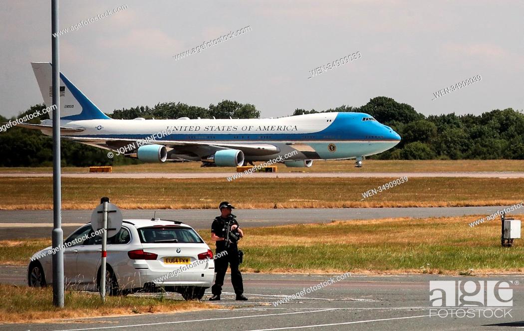 Stock Photo: Air Force 1, carrying US President Donald Trump and First Lady Melania, lands at Stansted Airport Featuring: Air Force 1 Where: London.