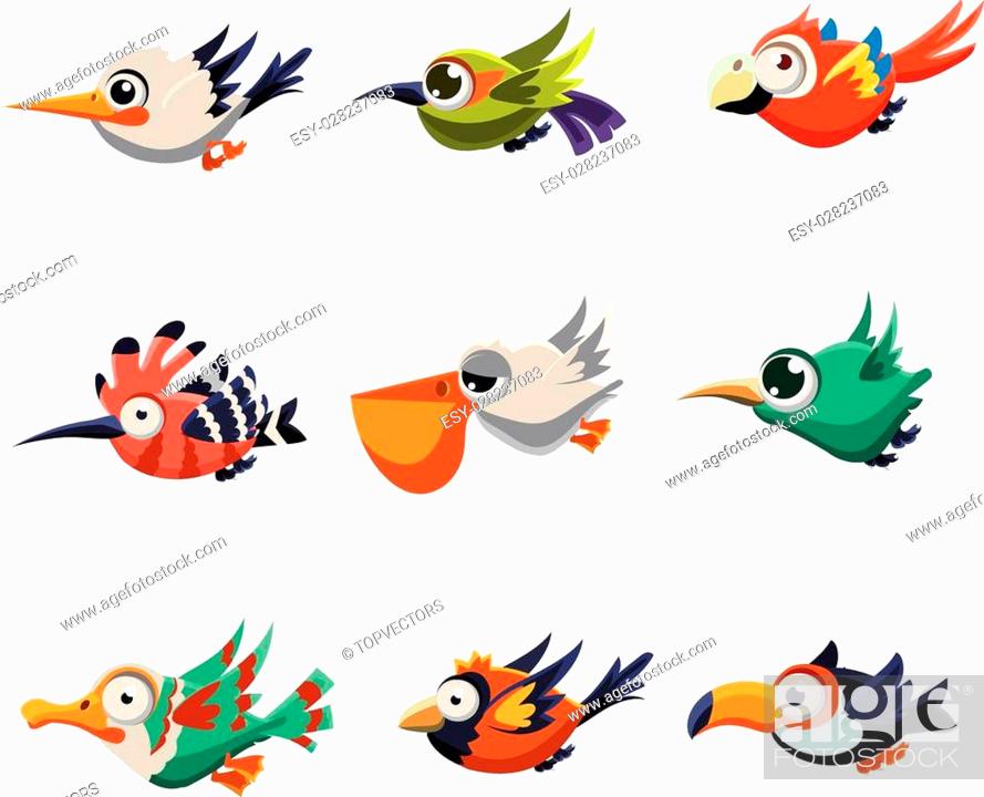Cartoon collection of funny colourful flying profiles of birds vector  illustration set, Stock Vector, Vector And Low Budget Royalty Free Image.  Pic. ESY-028237083 | agefotostock