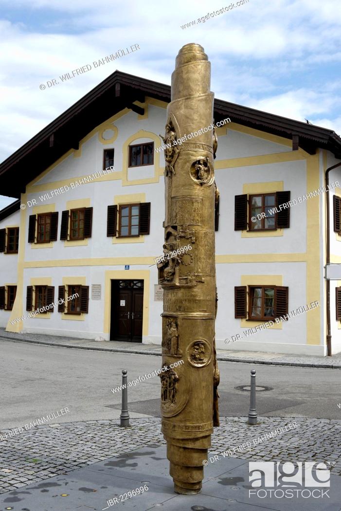 Stock Photo: Benedict column by J. M. Neustifter in front of the birthplace of pope Benedict XVI, Marktl, Upper Bavaria, Bavaria, Germany, Europe.