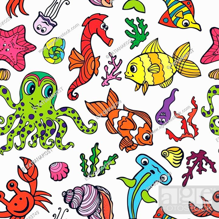 Sea life fish, animals seamless pattern, background. Funny cartoon doodle  underwater world, Stock Vector, Vector And Low Budget Royalty Free Image.  Pic. ESY-050663749 | agefotostock