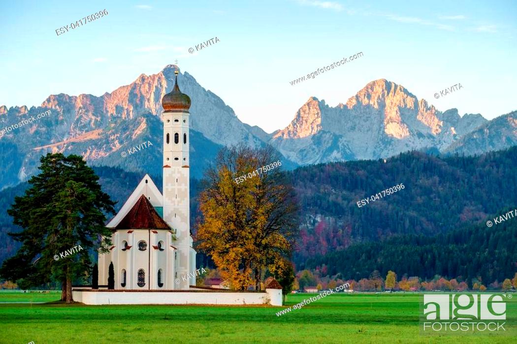 Stock Photo: Beautiful view St. Coloman church in Oberbayern, Bavaria, Germany.