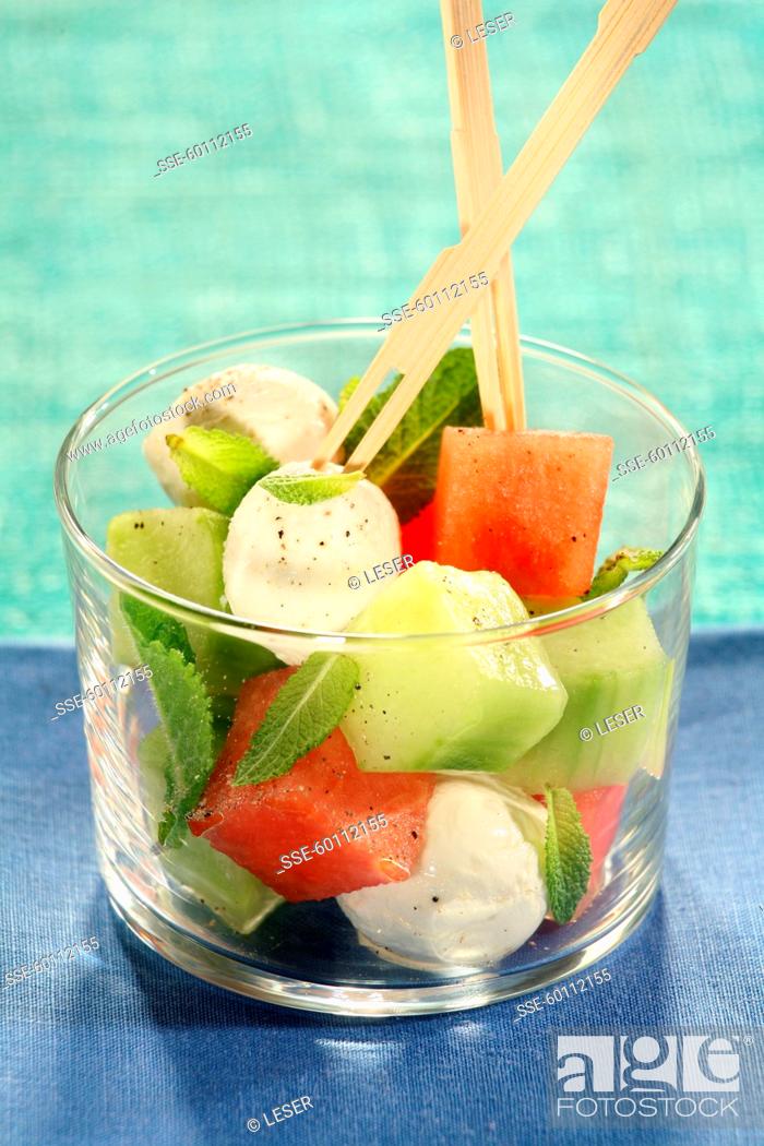 Stock Photo: Green, Blue, Summer, Light, Sweet, Fruit, Glass, Glass - Material, Dish, Ball, Exotic, Salad, Cheese, Prepared, Individual, Classical, Savoury, Mint, Slimming, Weight Loss, Easy, Starter, Cheap, Watermelon, Mozzarella, Melon, Express, Health Food, Verrine