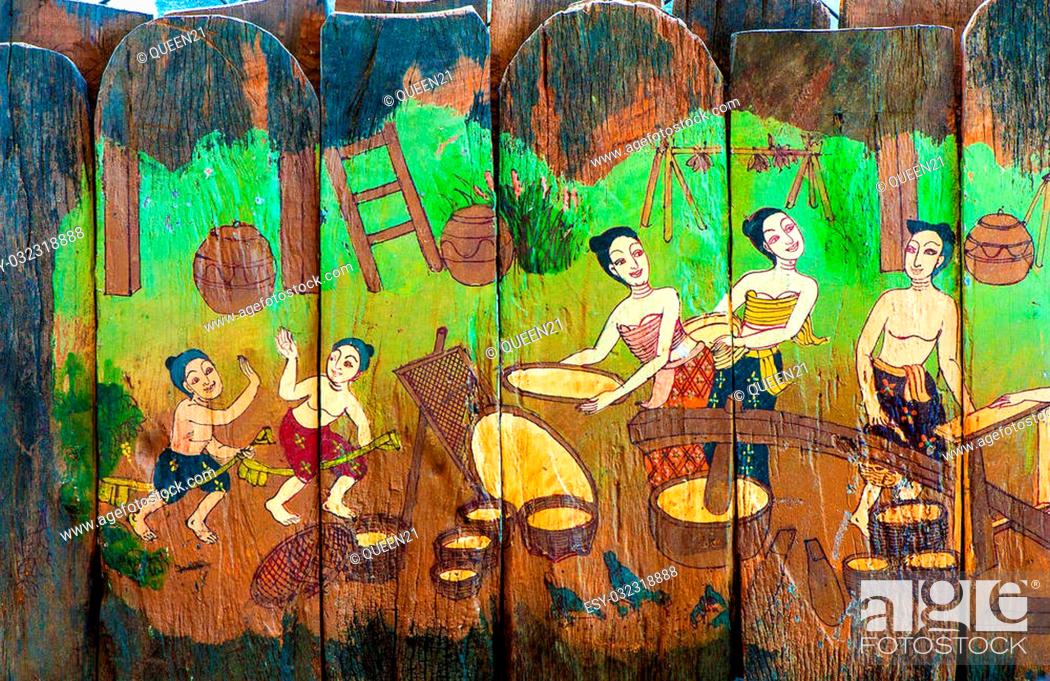 Stock Photo: Traditional Thai style art stories of religion on wood boards.