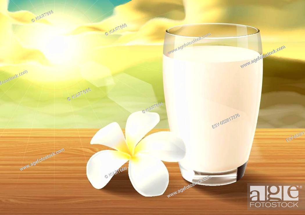 Stock Vector: milk and plumeria on wooden table on the morning.