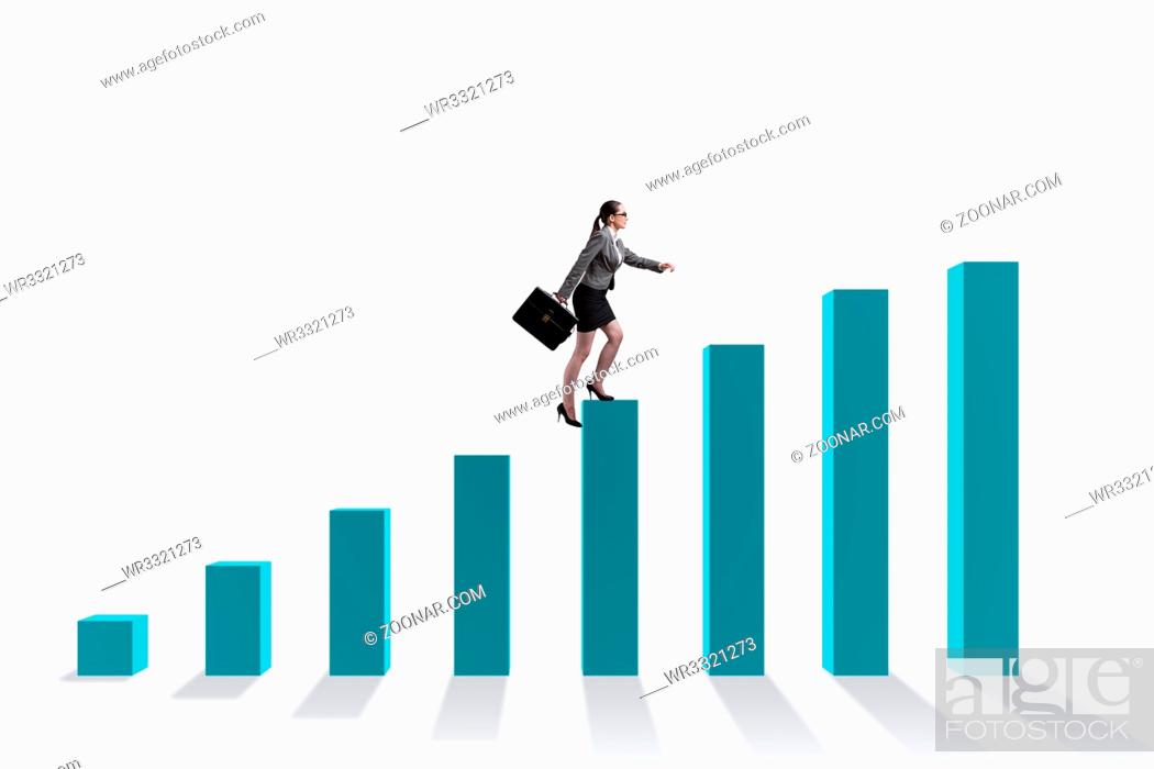 Stock Photo: Businesswoman climbing bar chart in economic recovery concept.