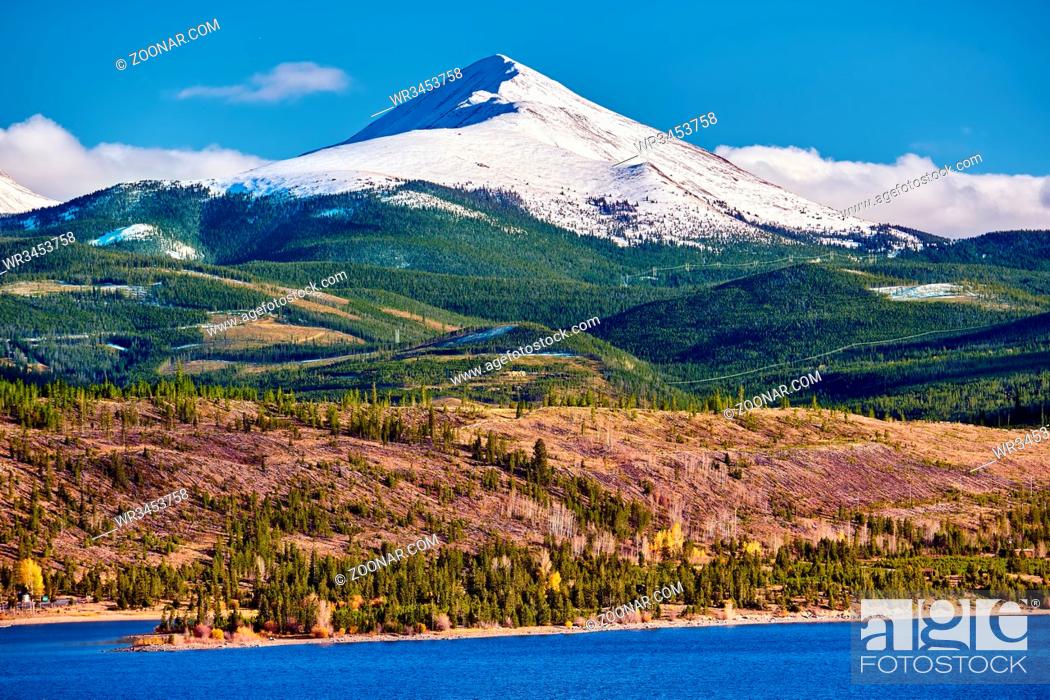 Stock Photo: Dillon Reservoir and Swan Mountain in snow at autumn. Rocky Mountains, Colorado, USA.