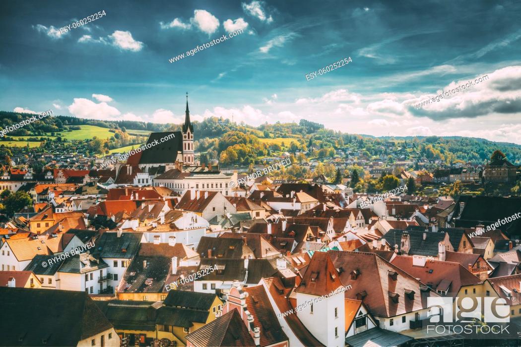 Stock Photo: St. Vitus Church and cityscape Cesky Krumlov, Czech republic. Sunny autumn day. UNESCO World Heritage Site.