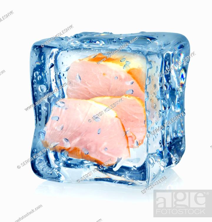 Stock Photo: Ice cube and bacon isolated on a white background.