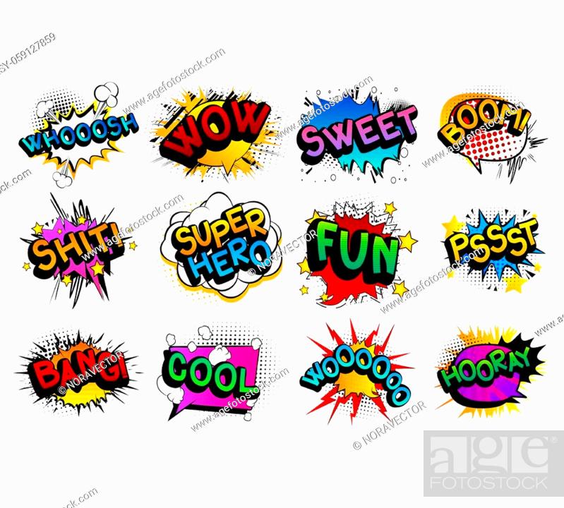 Comic book word set: Whooosh, Wow, Sweet, Boom, Shit, Super Hero, Fun,  Pssst, Bang, Cool, Woooooo, Stock Vector, Vector And Low Budget Royalty  Free Image. Pic. ESY-059127859 | agefotostock