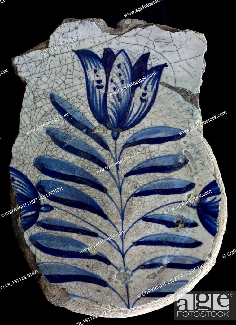 Stock Photo: Fragment majolica dish, blue on white, three-tier, tulip, plate crockery holder soil find ceramic earthenware enamel, baked underside covered with lead glaze.