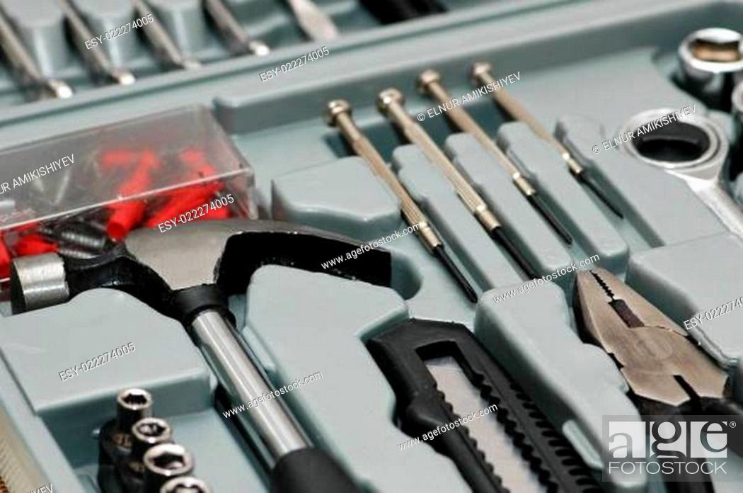 Stock Photo: Various DYI tools in the toolkit box.
