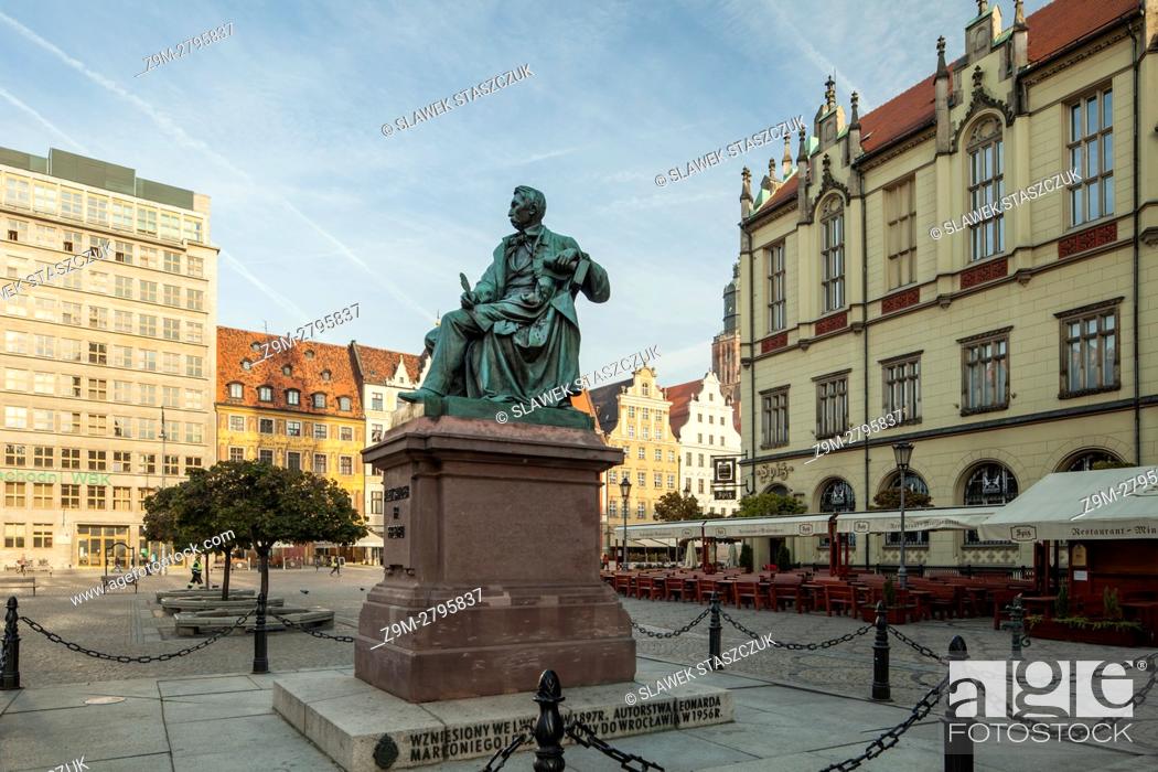 Stock Photo: Aleksander Fredro monument at the market square in Wroclaw old town, Poland.